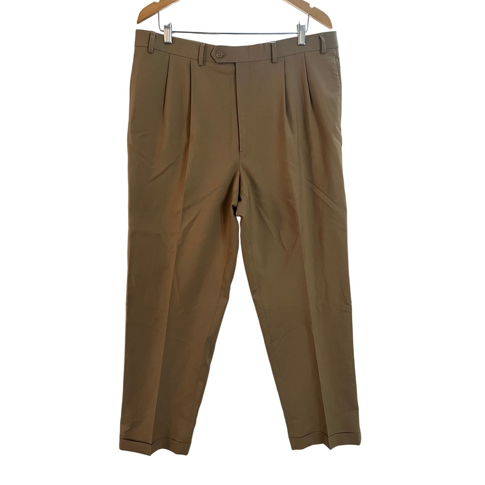 Lauren Ralph Lauren Mens 36x32 Tan Wool Pleated Cuffed Dress Pants Total Comfort